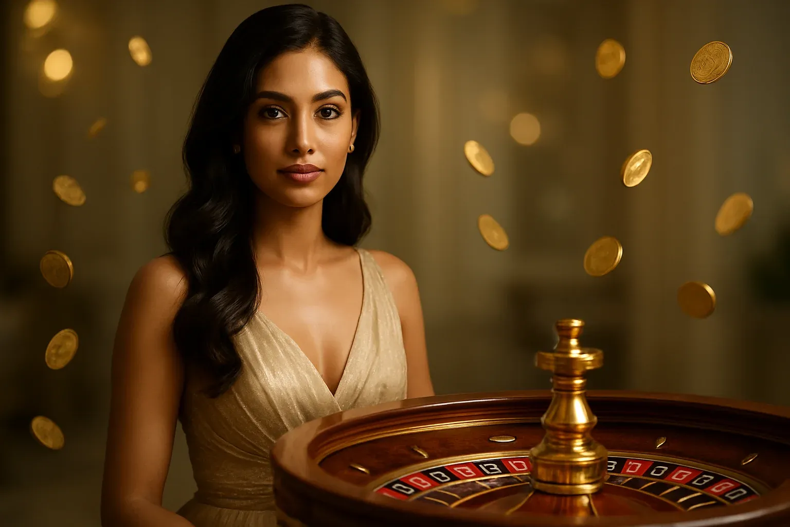 Beautiful Bangladeshi woman in elegant evening dress with luxury roulette wheel and gold coins in bright casino setting