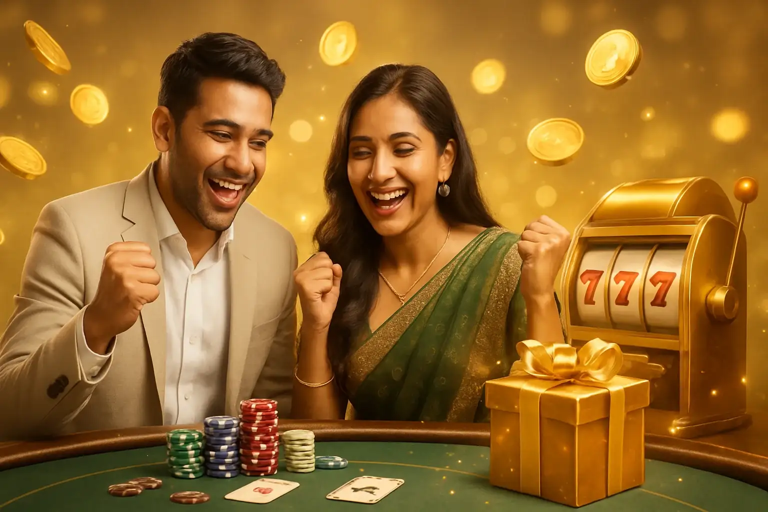 Happy South Asian couple celebrating at casino poker table with gold coins and chips